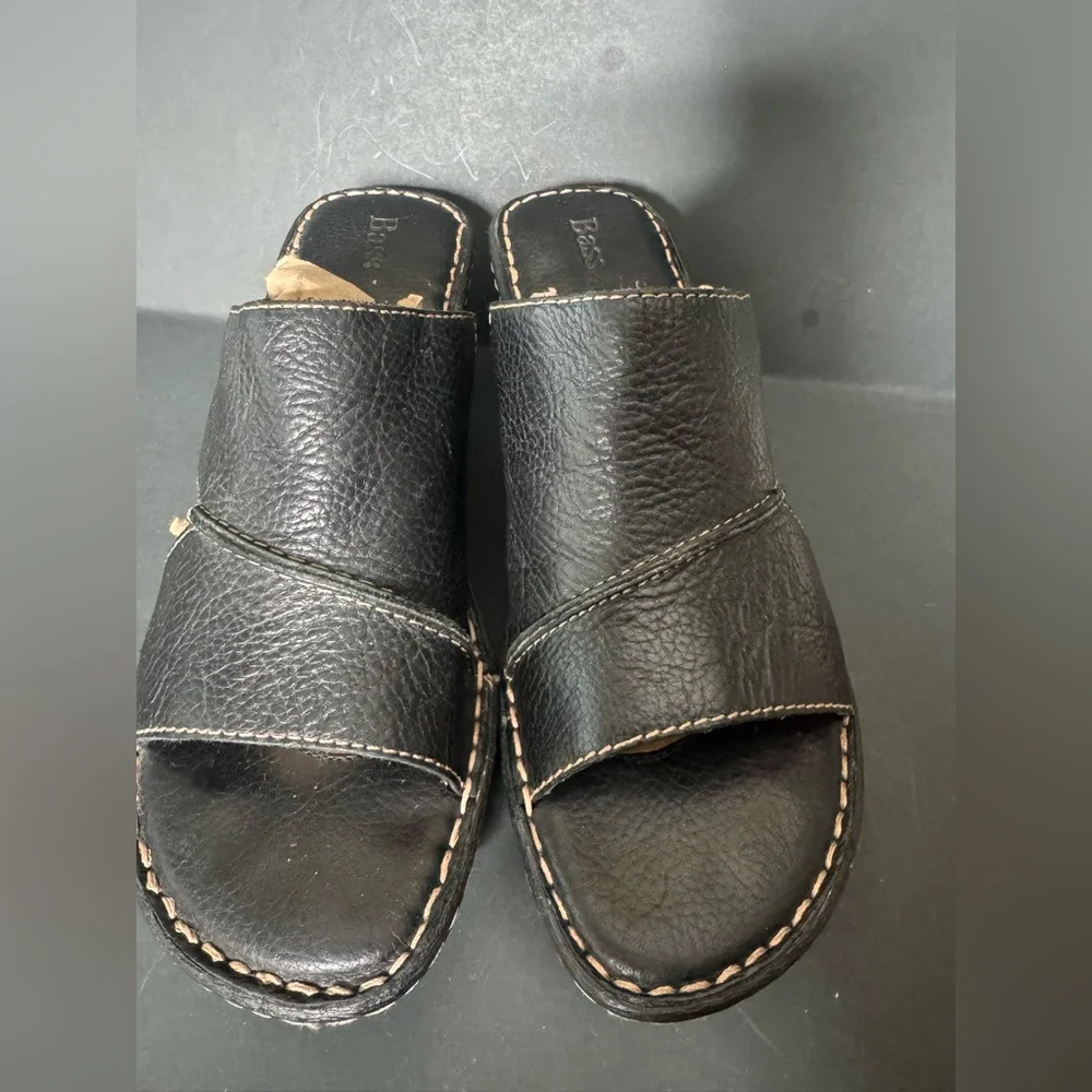 G.H. Bass Black Leather Wedge OpenToe Shoe Sandals Size 10